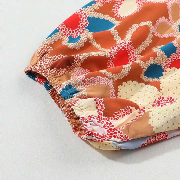 Apricot Boho Flower Print Puff Sleeve Peplum Top blouse V-Neck - Picture 10 of 13